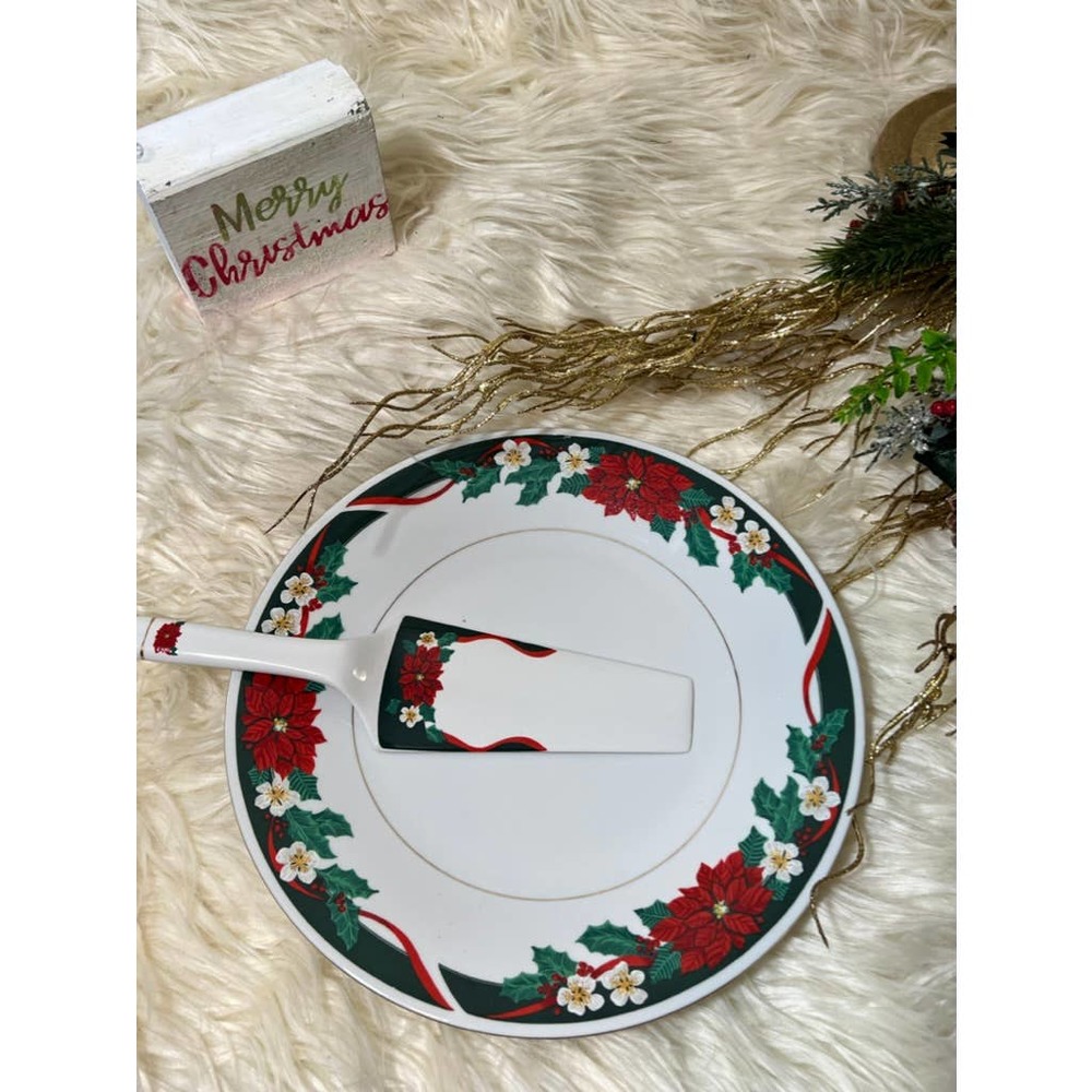 Vintage Tienshan Deck The Halls Dessert Dish with Spatula In Original Box